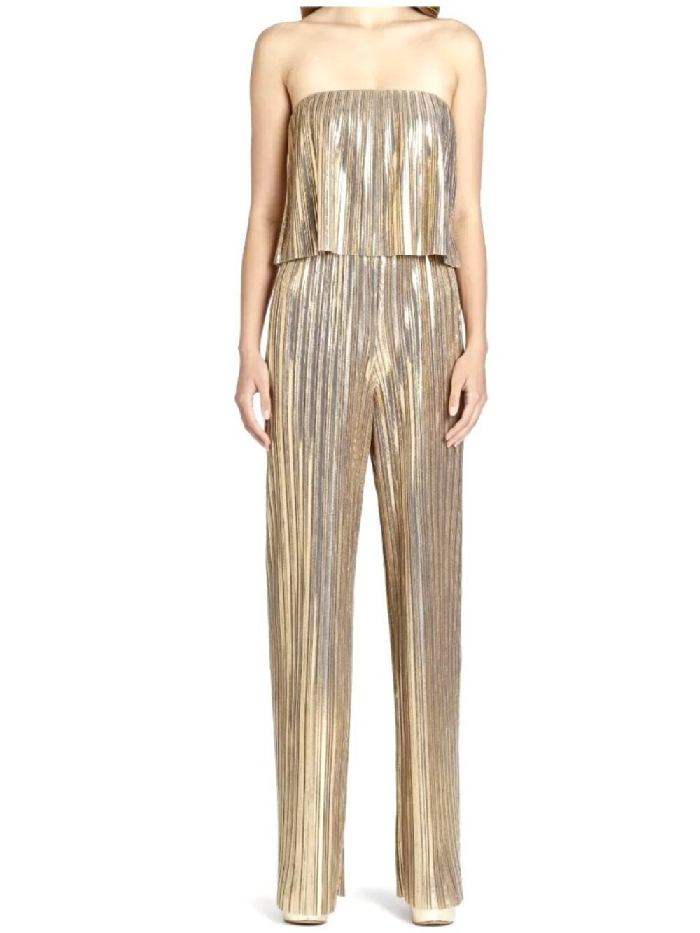 Amanda Uprichard Gold Metallic Strapless Jumpsuit Size Small New